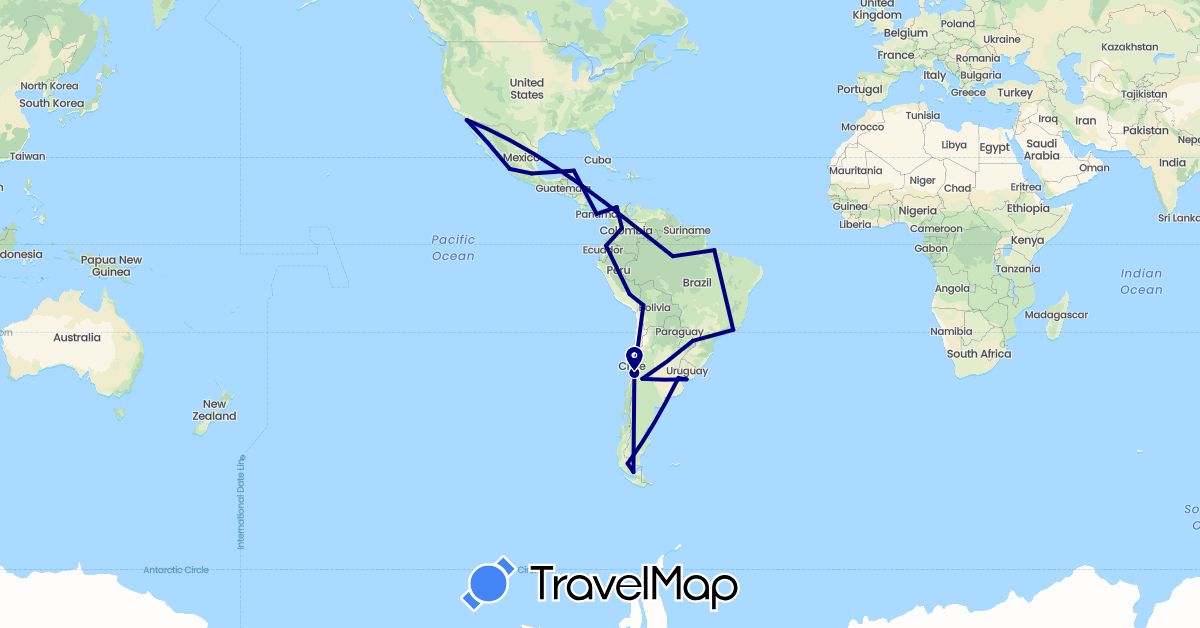 TravelMap itinerary: driving in Argentina, Bolivia, Brazil, Chile, Colombia, Ecuador, Mexico, Panama, Peru, United States, Uruguay (North America, South America)